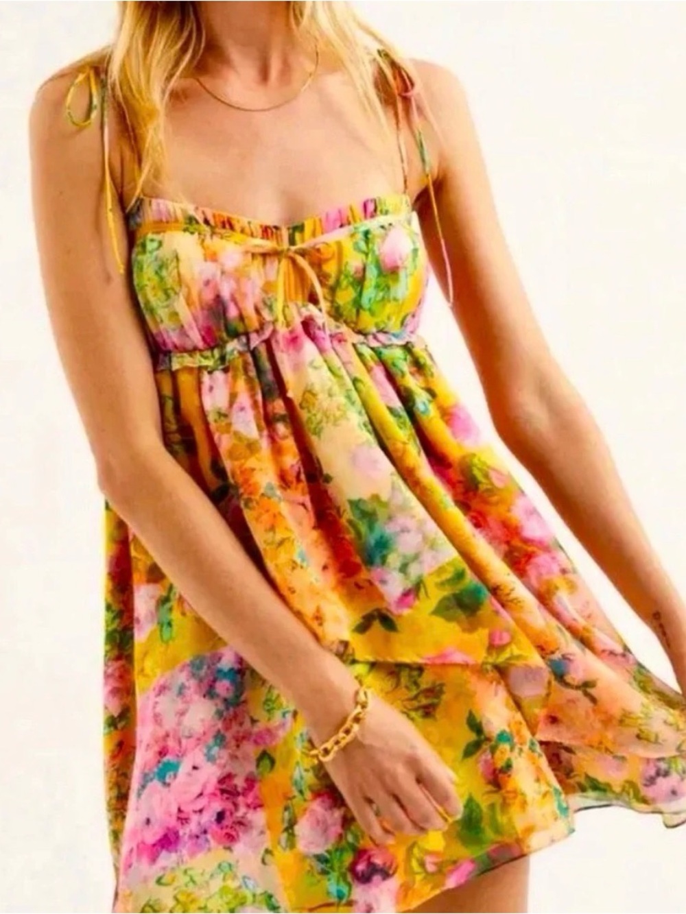 For Love Bell Yellow Floral Chiffon Babydoll Mini Dress w Shoulder Ties